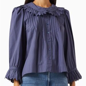 NWT Doen Hickory Blouse - Blue Ruffled 3/4 Sleeve Collar Blouse
